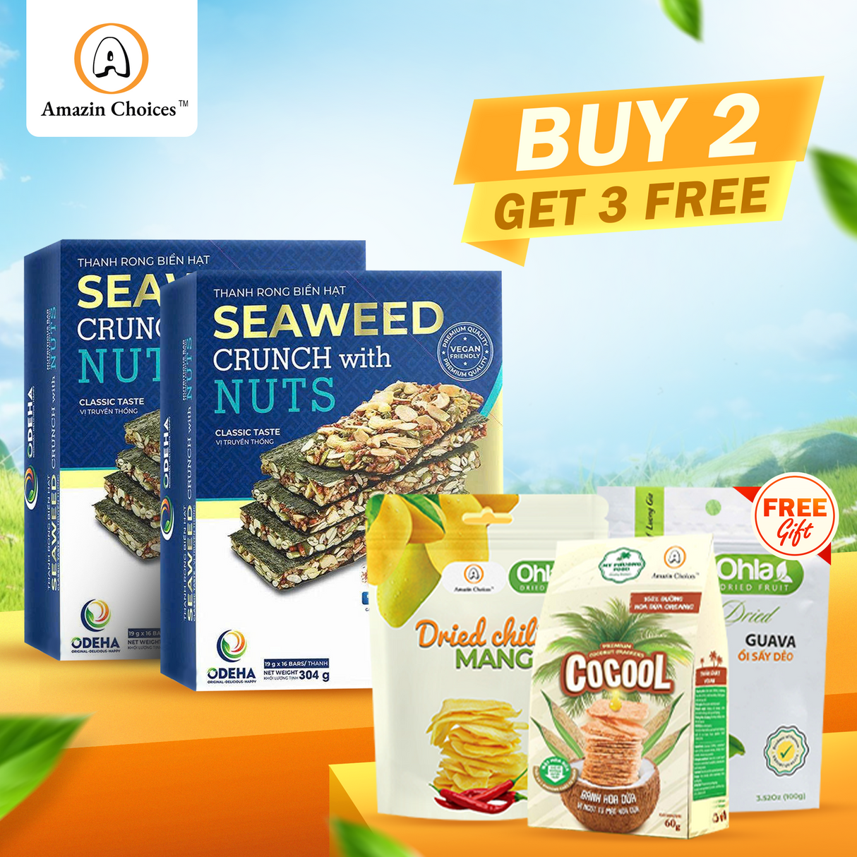 Buy for $39.98, Get 3 FREE Snack Gifts ($20.97 Value) – Amazin Choices Premium Seaweed Crunch with Nuts, 2 Boxes (32 Bars) – Gifts: Dried Guava, Coconut Cracker & Dried Chili Mango