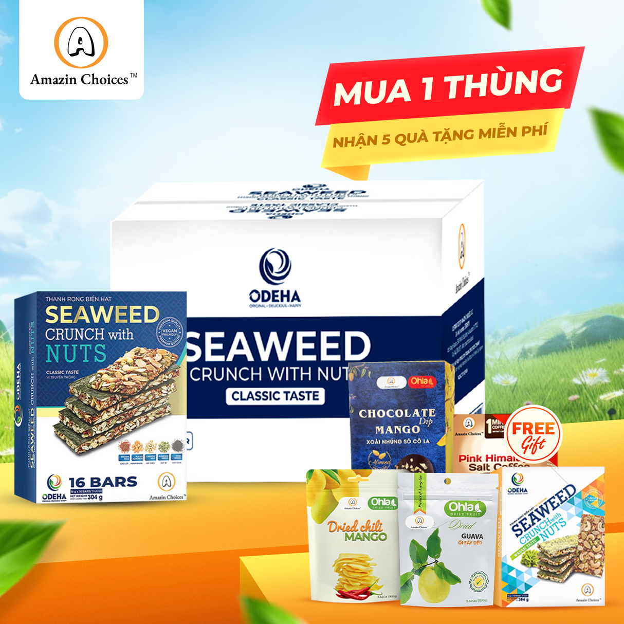 BIG DEAL! Mua 1 Thùng Rong Biển Kẹp Hạt (24 Hộp, mỗi hộp 16 Thanh) – Giá Gốc $479.76 → Giờ chỉ $384 (Giảm 20%) + Tặng Bộ Quà Snack Việt Trị Giá $95 (Ổi Sấy, Xoài Cay, Rong Biển Wasabi, Cà Phê Muối Hồng, Xoài Chấm Socola)